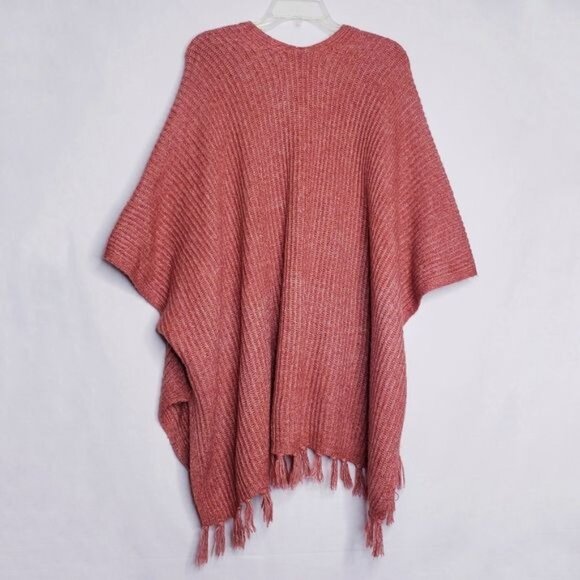 American Eagle Orange Knit Poncho Sweater Fringe Wrap Women's One Size Fits Most - Picture 5 of 8